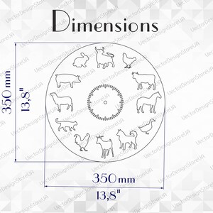 May include: A black and white line drawing of a clock face with farm animals around the edge. The clock face is 13.8 inches in diameter.