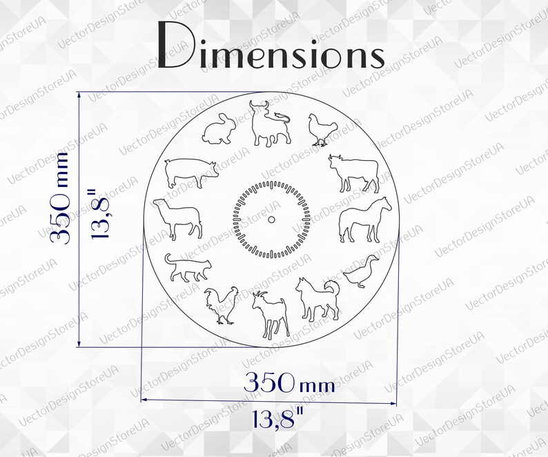 May include: A black and white line drawing of a clock face with farm animals around the edge. The clock face is 13.8 inches in diameter.