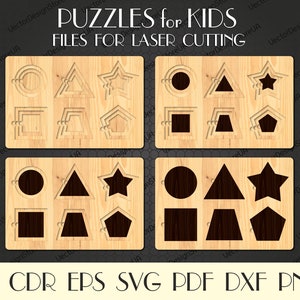 May include: Four sets of wooden puzzle pieces for kids. Each set includes a circle, triangle, star, square, trapezoid, and pentagon. The pieces are cut out and ready to be assembled. The text "PUZZLES for KIDS" and "FILES FOR LASER CUTTING" is printed on the top of the image.