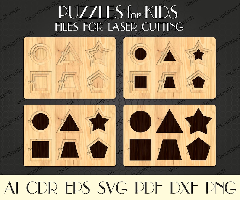 May include: Four sets of wooden puzzle pieces for kids. Each set includes a circle, triangle, star, square, trapezoid, and pentagon. The pieces are cut out and ready to be assembled. The text "PUZZLES for KIDS" and "FILES FOR LASER CUTTING" is printed on the top of the image.
