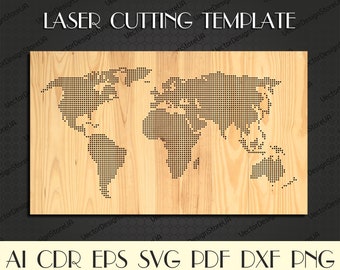 Wereldkaart muur decor svg, Wereldkaart svg, Wereld kunst svg, Wereld stippen kaart, Gestippelde wereldkaart dxf, cnc bestanden voor laser, laser gesneden bestanden LCT-65