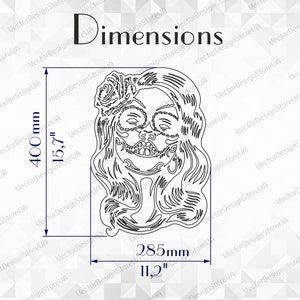 May include: Black and white line art illustration of a woman with a sugar skull makeup design. The image includes the dimensions 400mm (15.7 inches) by 285mm (11.2 inches).