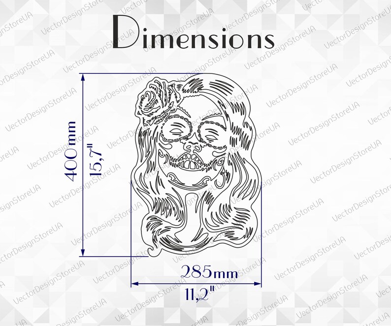 May include: Black and white line art illustration of a woman with a sugar skull makeup design. The image includes the dimensions 400mm (15.7 inches) by 285mm (11.2 inches).