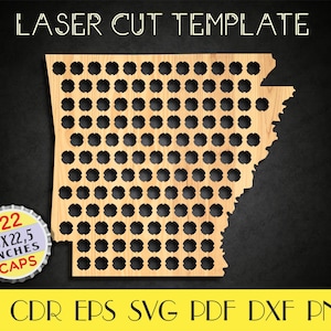 Puede incluir: Plantilla de corte por láser del estado de Arkansas con 122 círculos para tapas de botellas. La plantilla mide 20 x 22,5 pulgadas y está disponible en los formatos AI, CDR, EPS, SVG, PDF, DXF y PNG.