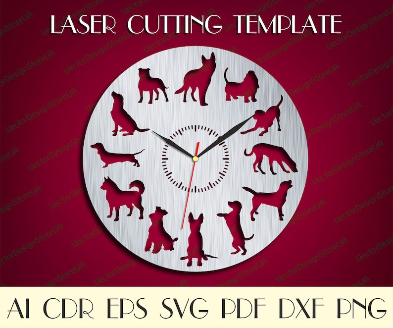 Peut inclure: Un cadran d'horloge argent&eacute; avec un design de aiguilles d'horloge repr&eacute;sentant diff&eacute;rentes races de chiens. Le cadran de l'horloge est entour&eacute; d'un anneau argent&eacute; avec le texte "LASER CUTTING TEMPLATE" en haut. Le texte "AI CDR EPS SVG PDF DXF PNG" est en bas de l'image.