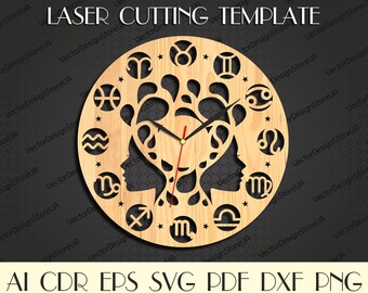 Gemini svg,Gemini clock svg,Gemini sign,Astrology Signs svg,Gemini zodiac,Zodiac svg,Gemini gift,Laser cut file,Clock dxf,Clock svg WCM-153