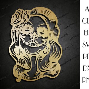 May include: A gold-coloured digital file for a laser cut design of a woman's face with a sugar skull design. The design features a rose and flowing hair.