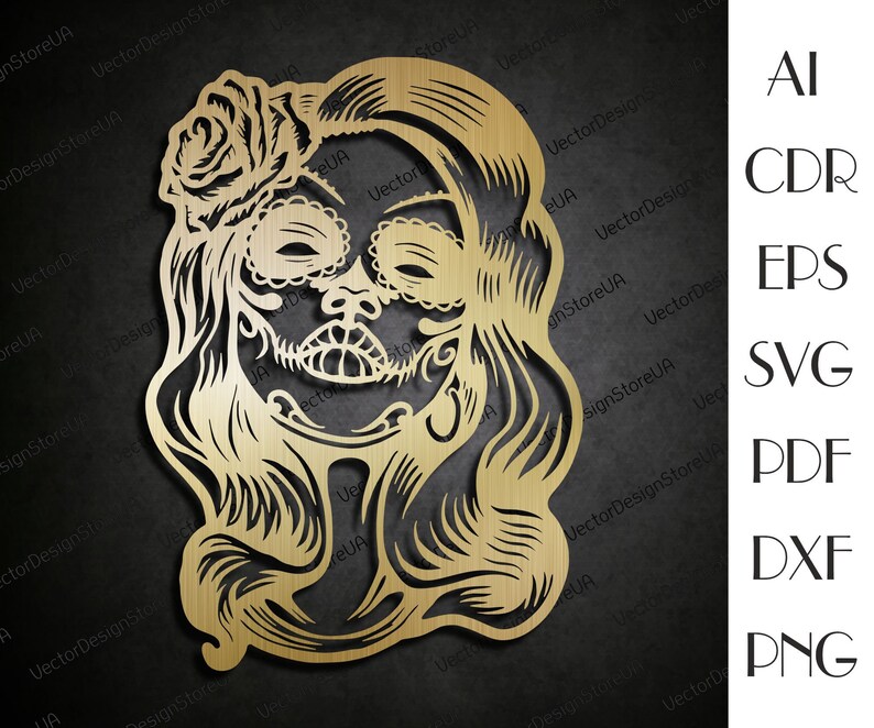 May include: A gold-coloured digital file for a laser cut design of a woman's face with a sugar skull design. The design features a rose and flowing hair.