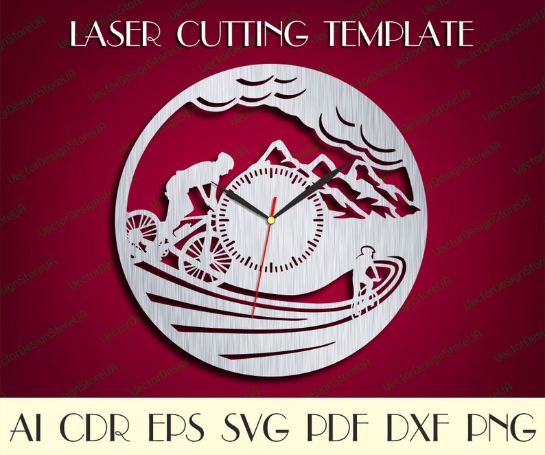 May include: A laser cut template design for a clock featuring a cyclist riding a mountain bike up a hill with a mountain range in the background. The clock face is in the center of the design. The template is available in AI, CDR, EPS, SVG, PDF, DXF, and PNG formats.