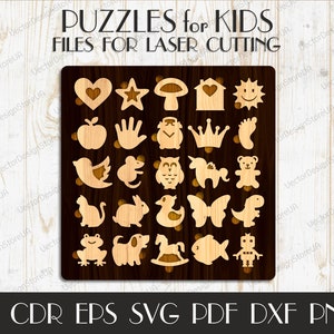 Op de afbeelding: Een set van 20 houten puzzelstukjes voor kinderen, met verschillende vormen en ontwerpen, waaronder een hart, een ster, een paddenstoel, een huis, een zon, een appel, een hand, een uil, een kroon, een voet, een vogel, een muis, een eenhoorn, een teddybeer, een kat, een konijn, een eend, een vlinder, een dinosaurus, een kikker, een hond, een schommelpaard, een vis en een robot. De stukjes zijn gerangschikt op een donkerbruine houten achtergrond. De tekst "PUZZLES for KIDS" en "FILES FOR LASER CUTTING" staat boven de puzzelstukjes.