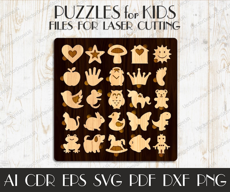 Op de afbeelding: Een set van 20 houten puzzelstukjes voor kinderen, met verschillende vormen en ontwerpen, waaronder een hart, een ster, een paddenstoel, een huis, een zon, een appel, een hand, een uil, een kroon, een voet, een vogel, een muis, een eenhoorn, een teddybeer, een kat, een konijn, een eend, een vlinder, een dinosaurus, een kikker, een hond, een schommelpaard, een vis en een robot. De stukjes zijn gerangschikt op een donkerbruine houten achtergrond. De tekst "PUZZLES for KIDS" en "FILES FOR LASER CUTTING" staat boven de puzzelstukjes.