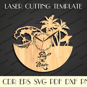 May include: A wooden clock with a surfer riding a wave, palm trees, and the text "Surf the Wave".