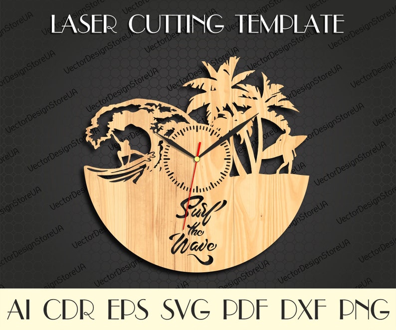 May include: A wooden clock with a surfer riding a wave, palm trees, and the text "Surf the Wave".
