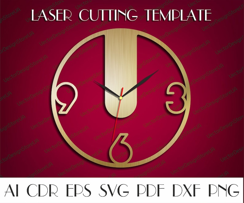 Op de afbeelding: Een gouden wijzerplaat met Romeinse cijfers voor de uren. De wijzerplaat bevindt zich op een rode achtergrond. De tekst "LASER CUTTING TEMPLATE" bevindt zich bovenaan de afbeelding. De tekst "AI CDR EPS SVG PDF DXF PNG" bevindt zich onderaan de afbeelding.