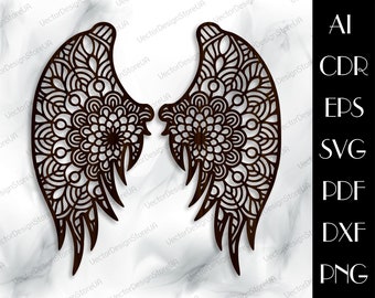 Arte de pared de alas, Alas svg, Alas de ángel svg, Decoración de metal de alas, Arte de mandala, Decoración de mandala, Mandala svg, archivos cnc para láser, archivos de corte láser LCT-86