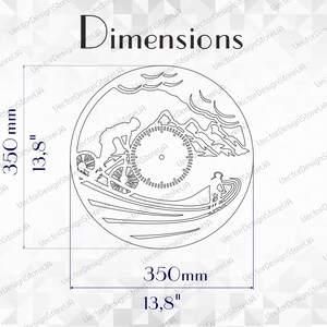 May include: A black and white line art design of a mountain biker riding a bicycle with a clock face in the background. The design is 13.8 inches in diameter.