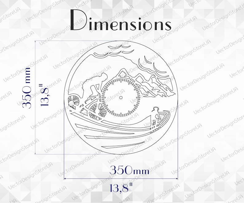 May include: A black and white line art design of a mountain biker riding a bicycle with a clock face in the background. The design is 13.8 inches in diameter.