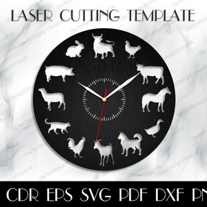 May include: A black clock face with white animal silhouettes, including a bull, pig, goat, rooster, cat, duck, horse, and dog. The clock face has a red and white clock hand. The text "LASER CUTTING TEMPLATE" is at the top of the clock face. The text "AI CDR EPS SVG PDF DXF PNG" is at the bottom of the clock face.