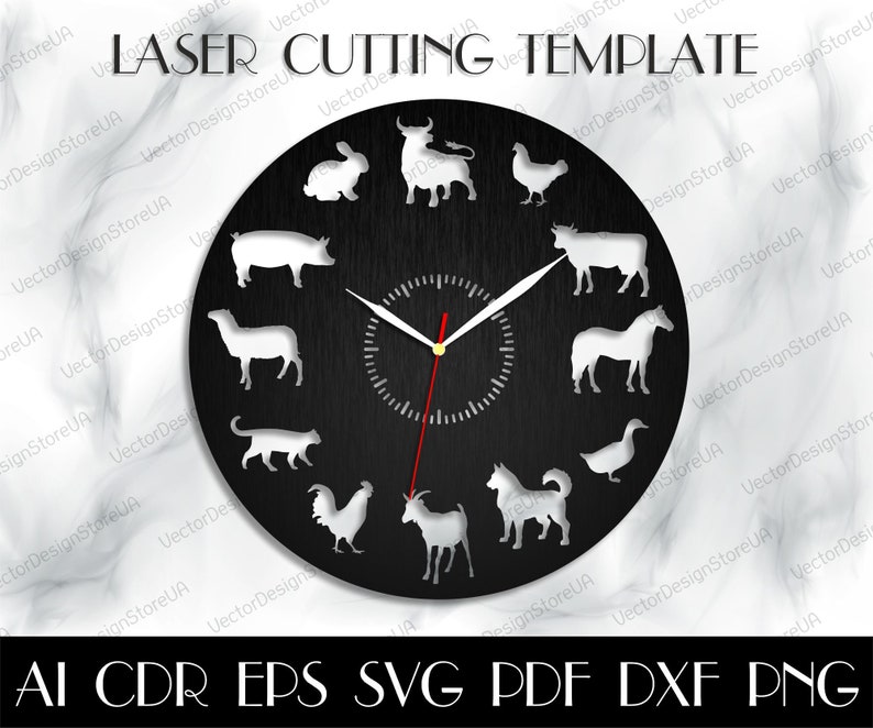 May include: A black clock face with white animal silhouettes, including a bull, pig, goat, rooster, cat, duck, horse, and dog. The clock face has a red and white clock hand. The text "LASER CUTTING TEMPLATE" is at the top of the clock face. The text "AI CDR EPS SVG PDF DXF PNG" is at the bottom of the clock face.