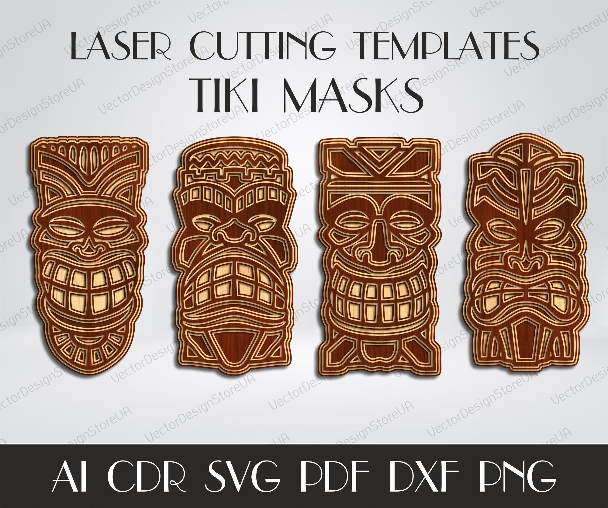 Set 4Pcs Tiki masque svg, Tiki masque art mural, Tiki masque décor, masque multicouche, fichiers découpés au laser, multicouche svg, plans CNC, fichiers laser cnc S-3