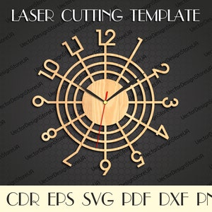 May include: A laser cut clock face template with a wood grain background. The clock face is designed with a circular pattern of concentric circles and spokes. The numbers 1 through 12 are displayed around the outer edge of the clock face. The template is available in AI, CDR, EPS, SVG, PDF, DXF, and PNG formats.