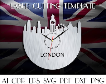 Arte de pared de Londres, Svg de Londres, Reloj de pared de Londres, Horizonte de Londres, Regalo británico, Decoración británica, Archivos de corte láser, Reloj svg, Archivos Dxf para láser WCT-4