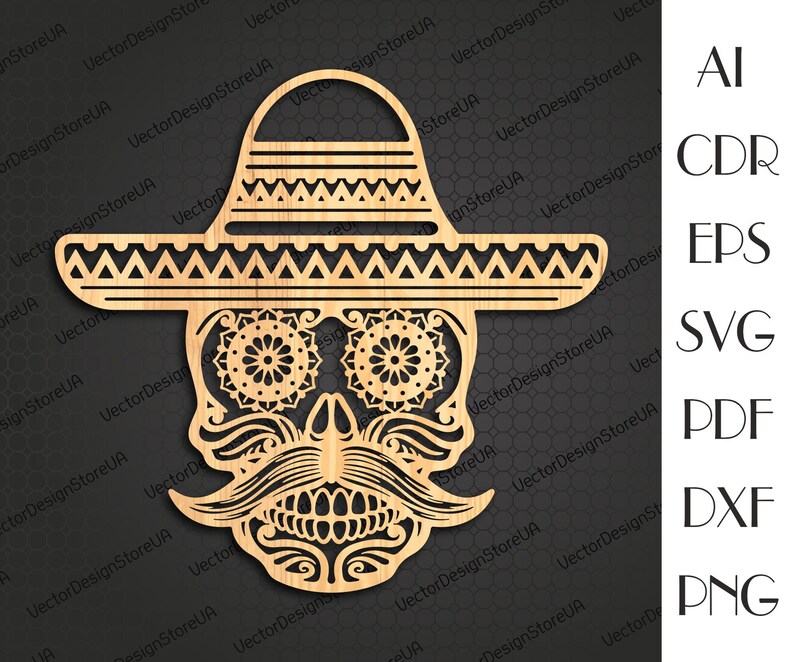 May include: A wooden cutout of a sugar skull wearing a sombrero. The skull has intricate details, including floral patterns around the eyes and a mustache.