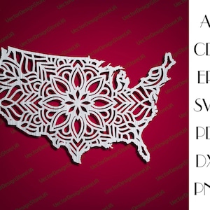 May include: A white outline of the United States of America filled with a detailed mandala design. The mandala design is intricate and features a variety of geometric shapes and patterns.
