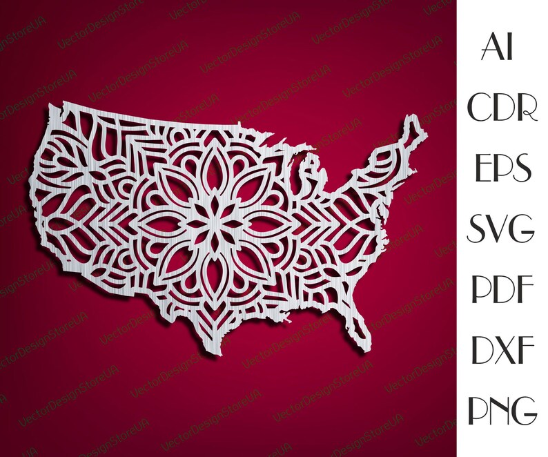 May include: A white outline of the United States of America filled with a detailed mandala design. The mandala design is intricate and features a variety of geometric shapes and patterns.