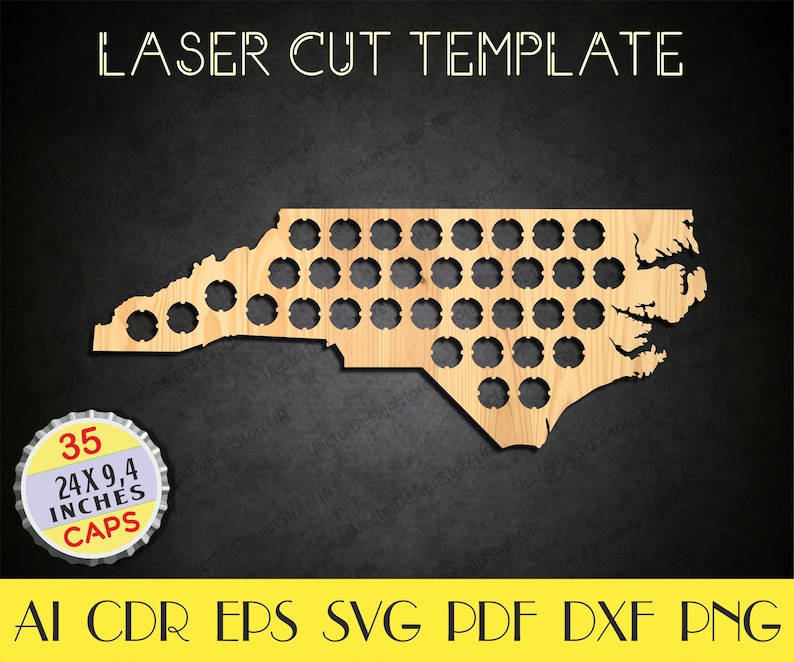 May include: Laser cut template of the state of North Carolina with 35 bottle cap holes. The template is made of wood and is 61 cm by 24 cm. The template is labelled "35 24X 9,4 INCHES CAPS".