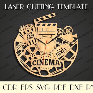 Könnte beinhalten: Ein Laser-geschnittenes Holz-Uhren-Design mit einer Filmrolle, Popcorn, einem Kinokarten und dem Wort "CINEMA". Die Uhr ist für die Verwendung mit einem Standard-Uhrwerk ausgelegt.