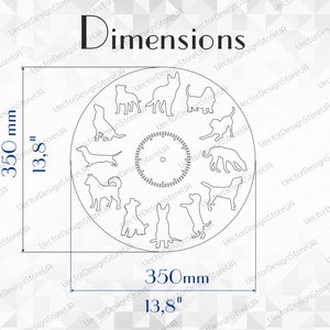 Peut inclure: Un dessin au trait noir et blanc d'un cadran d'horloge avec des silhouettes de chiens autour du bord. Le cadran de l'horloge mesure 13,8 pouces de diam&egrave;tre.