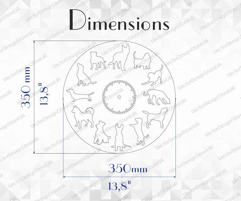 Peut inclure: Un dessin au trait noir et blanc d'un cadran d'horloge avec des silhouettes de chiens autour du bord. Le cadran de l'horloge mesure 13,8 pouces de diam&egrave;tre.