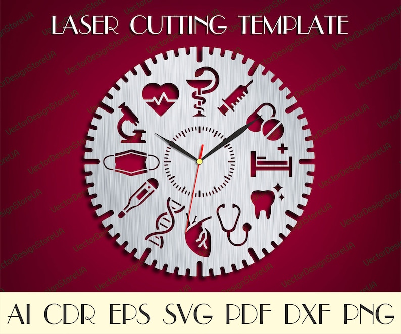 Pu&ograve; includere: Un quadrante di orologio in metallo argentato con un design tagliato a laser che presenta simboli medici come un cuore, uno stetoscopio, pillole e un termometro. Il quadrante dell'orologio &egrave; circondato da un bordo circolare a denti di sega. Il testo "LASER CUTTING TEMPLATE" &egrave; nella parte superiore dell'immagine. Il testo "AI CDR EPS SVG PDF DXF PNG" &egrave; nella parte inferiore dell'immagine.
