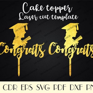 May include: Gold laser cut cake topper with two graduation caps and the text "Congrats Congrats".