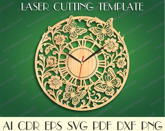 Butterflies wall decor,Butterflies art,Butterflies clock svg,Butterflies svg,Love gift,Love decor,Clock laser cut,Cnc file,Clock dxf WCM-262