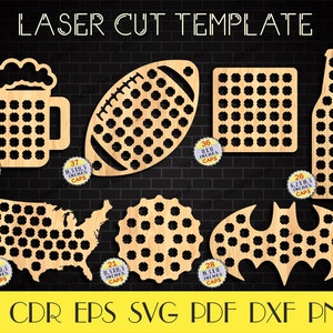 May include: Laser cut templates for bottle cap holders in various shapes, including a beer mug, football, square, bottle, USA map, circle, and a bat. The templates are made of wood and have holes for bottle caps. The templates are labelled with the number of bottle caps they can hold and the dimensions in inches.