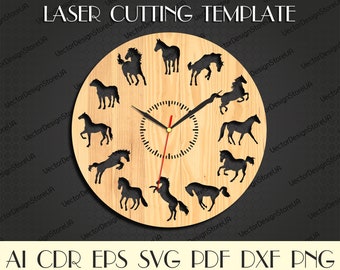 Dekoracja ścienna z końmi, Sztuka ścienna z końmi, Zegar z końmi, Konie svg, Prezent z końmi, Kocham konie, Pliki cięte laserowo, Zegar svg, Pliki DXF laser WCM-35