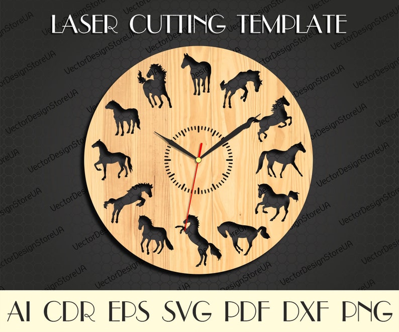 May include: A laser cut template for a clock featuring a circular wooden base with twelve horse silhouettes. The clock face is visible in the center of the design. The text "LASER CUTTING TEMPLATE" is printed at the top of the image. The text "AI CDR EPS SVG PDF DXF PNG" is printed at the bottom of the image.