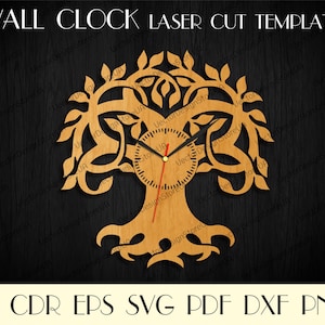 May include: A laser cut wall clock template in the shape of a tree with intricate branches and leaves. The clock face is a circle with Roman numeral markings. The template is available in AI, CDR, EPS, SVG, PDF, DXF, and PNG formats.
