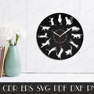 Decoración de pared de gatos, arte de pared de gatos, reloj de pared de gatos, gatos svg, regalo con gatos, me encantan los gatos, archivos cortados con láser, reloj svg, archivos Dxf para láser WCM-166 imagen 4