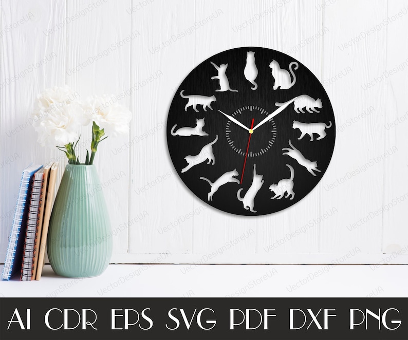 Decoración de pared de gatos, arte de pared de gatos, reloj de pared de gatos, gatos svg, regalo con gatos, me encantan los gatos, archivos cortados con láser, reloj svg, archivos Dxf para láser WCM-166 imagen 4