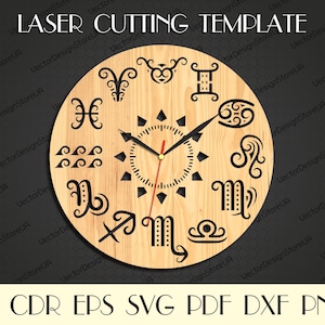 Znaki astrologiczne svg, dekoracja ścienna zodiak, zodiak svg, plik ze znakami zodiaku, sztuka astrologiczna, prezent horoskopowy, pliki cięte laserowo, zegar dxf, zegar svg WCM-112