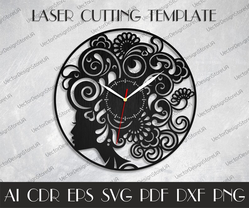 Puede incluir: Un dise&ntilde;o de reloj de corte l&aacute;ser en blanco y negro que presenta el perfil de una mujer con intrincados detalles florales. La esfera del reloj es visible con manecillas negras y un fondo blanco. El texto "LASER CUTTING TEMPLATE" es visible en la parte superior de la imagen. El texto "AI CDR EPS SVG PDF DXF PNG" es visible en la parte inferior de la imagen.