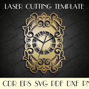 May include: A laser cutting template for a wall clock. The clock features a gold-colored, ornate design with Roman numerals and decorative flourishes. The text "LASER CUTTING TEMPLATE" is at the top, and file format options are listed at the bottom.