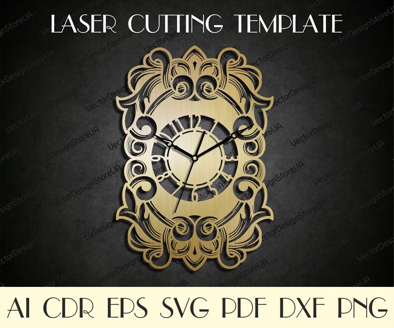 May include: A laser cutting template for a wall clock. The clock features a gold-colored, ornate design with Roman numerals and decorative flourishes. The text "LASER CUTTING TEMPLATE" is at the top, and file format options are listed at the bottom.