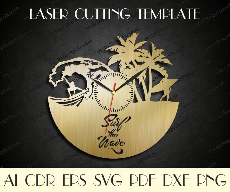 May include: Laser cut template for a clock featuring a surfer riding a wave with palm trees and the text "Surf the Wave".