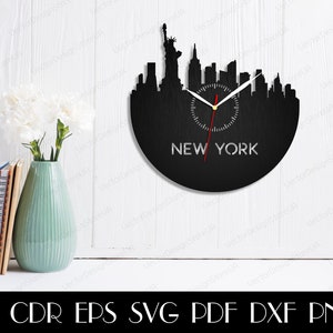 May include: Black wall clock featuring the New York City skyline silhouette. The clock face displays the city's name in silver lettering. The clock hands are white with a red second hand. The clock is mounted on a white wall.