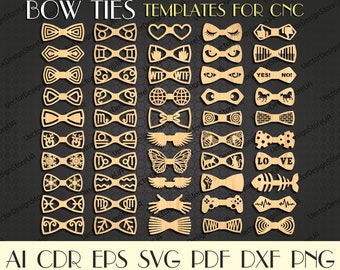 May include: A collection of wooden bow tie templates for CNC machines. The designs include various shapes, patterns, and symbols, such as hearts, eyes, and the word "LOVE". The image also displays file format options.