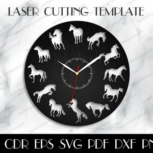 May include: A black clock face with white horse silhouettes and a red and white clock hand. The clock face is surrounded by a black circle with the text "LASER CUTTING TEMPLATE" in white. The text "AI CDR EPS SVG PDF DXF PNG" is at the bottom of the image.